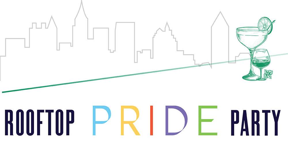 Rooftop Pride Party tile with city outline and 2 cocktails